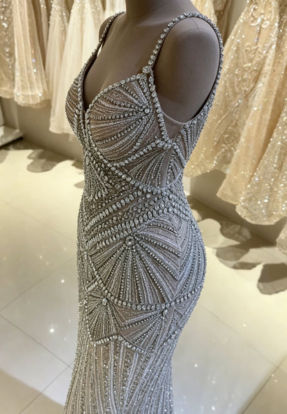 Art Deco Beaded Spaghetti Strap Evening Gown