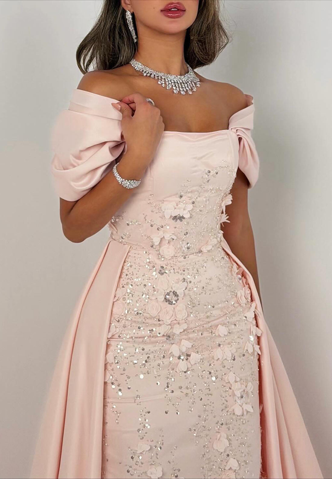 Off-the-Shoulder Floral Evening Gown with Overskirt