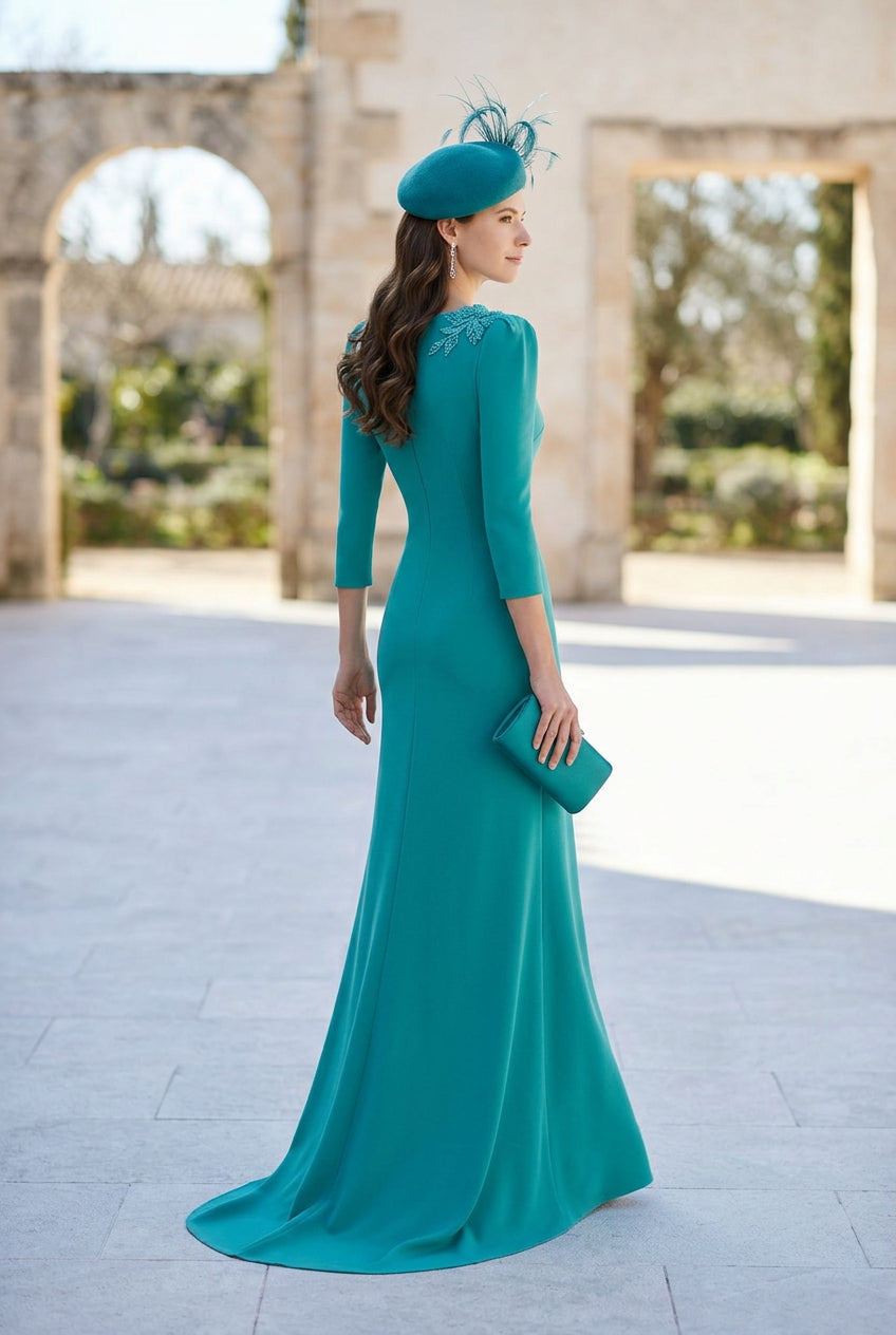 V-Neck Evening Gown with Beaded Applique