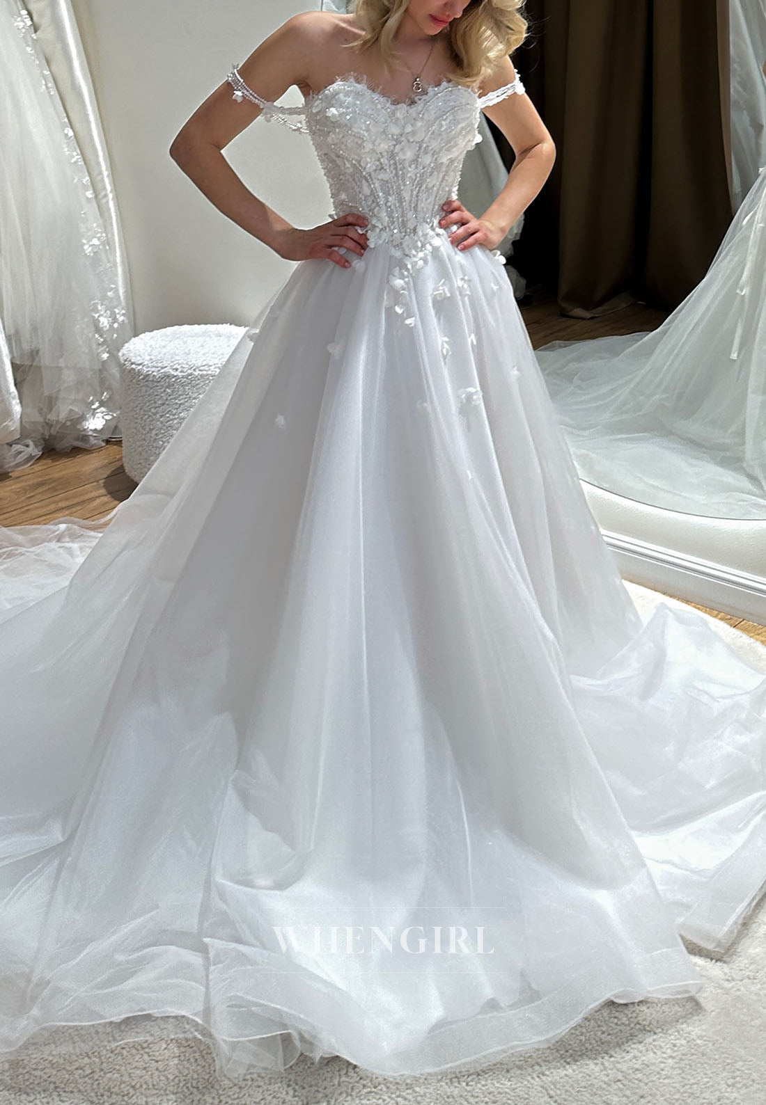 3D Floral Corset Wedding Dress with Slit