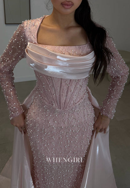 Pearl Beaded Corset Evening Gown with Train