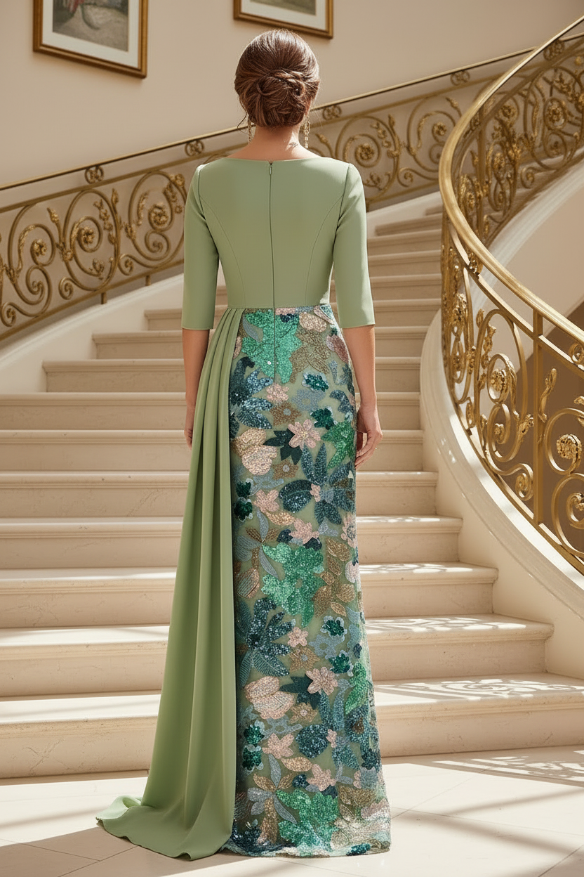 Floral Embroidered Column Gown with Side Drape