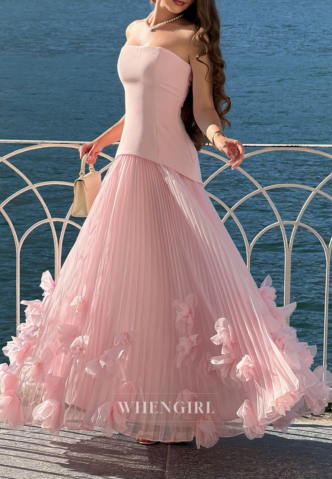 Strapless Pleated Gown with 3D Floral Appliques