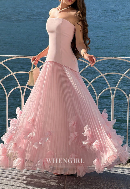 Strapless Pleated Gown with 3D Floral Appliques