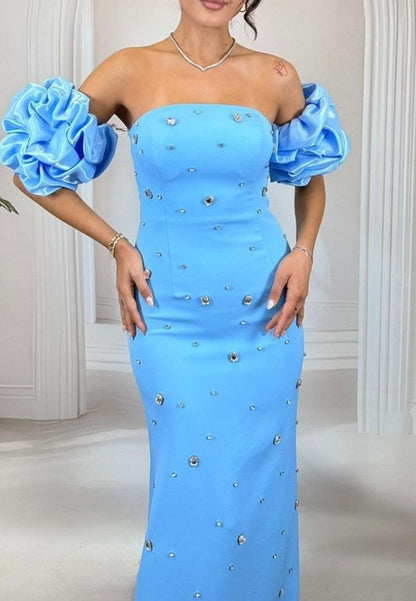Crystal Embellished Off-Shoulder Column Evening Gown