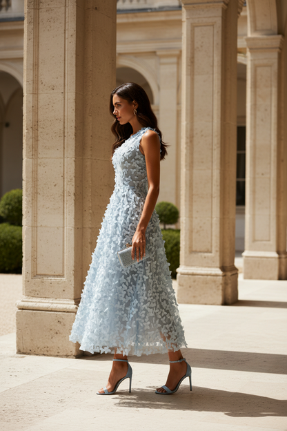 One-Shoulder 3D Floral Applique Midi Dress