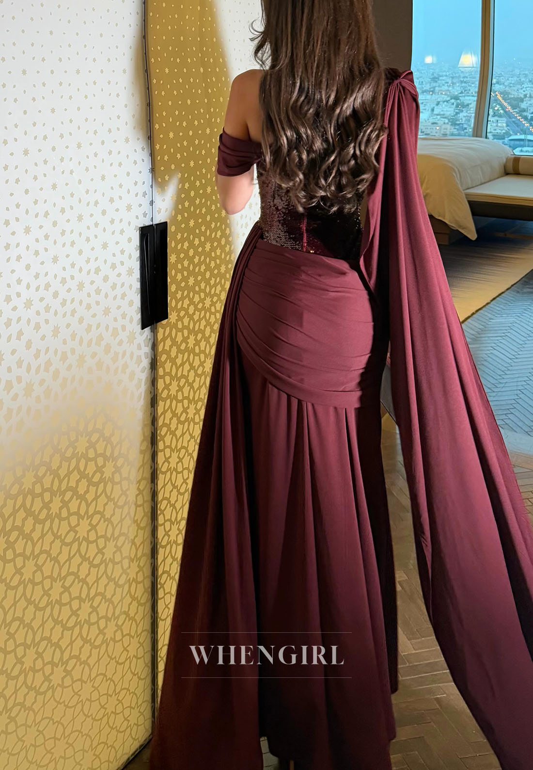 Sequined Asymmetrical Gown with Draped Cape