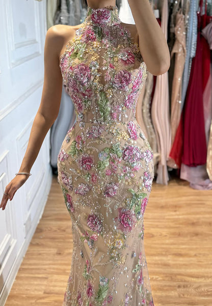 Halter Floral Sequin Mermaid Gown