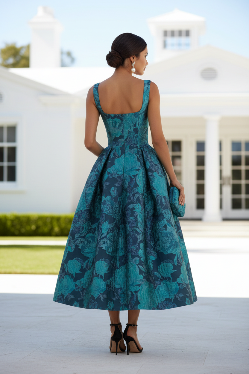 Floral Jacquard Tea-Length A-Line Dress