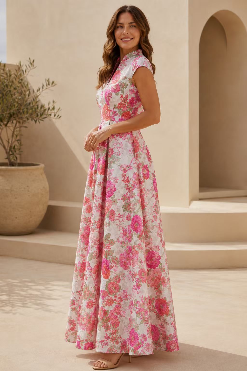Floral Print Pleated A-Line Maxi Dress