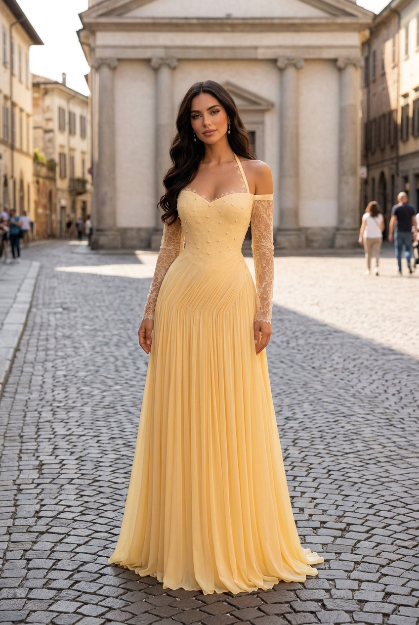 Pleated A-Line Gown with Lace Long Sleeves