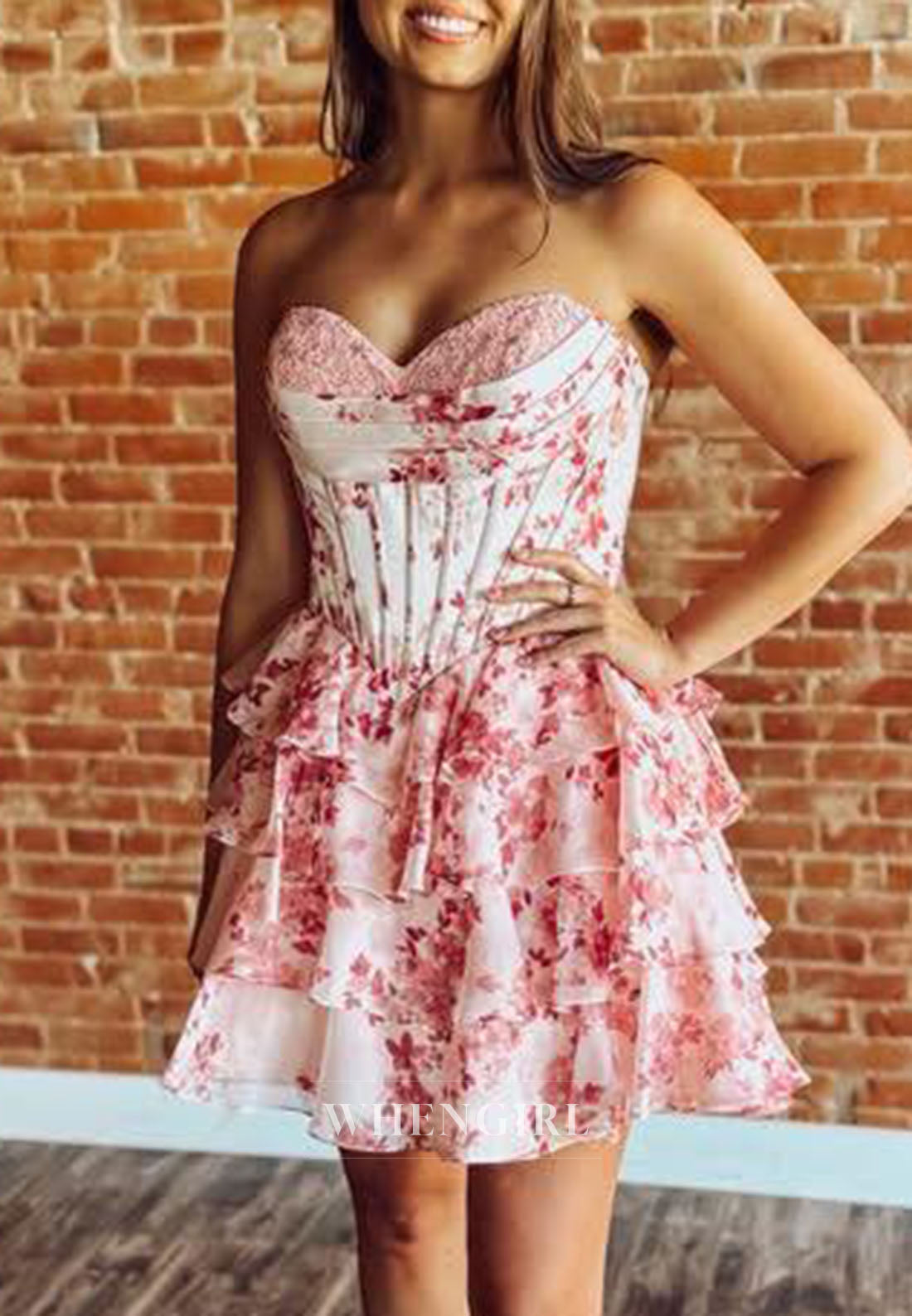 Floral Print Strapless Corset Tiered Mini Dress