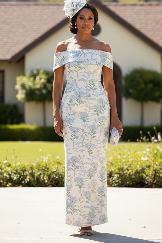 Off-Shoulder Floral Jacquard Column Dress