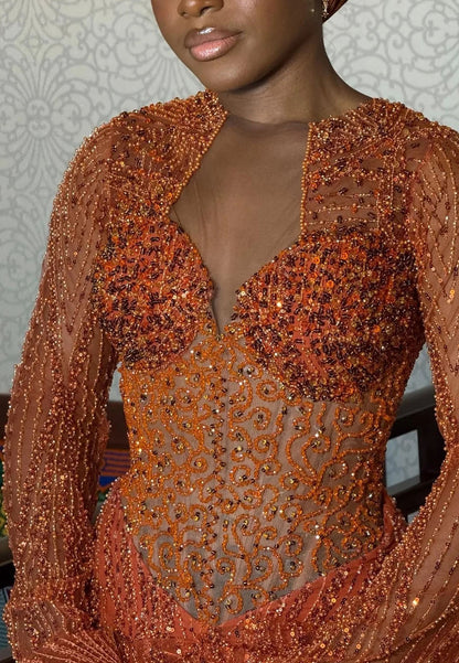 Beaded Illusion Corset Long Sleeve Gown