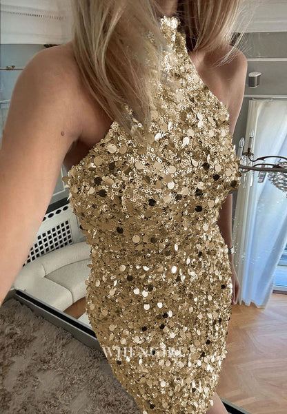 Gold Sequin Halter Mini Dress with Open Back
