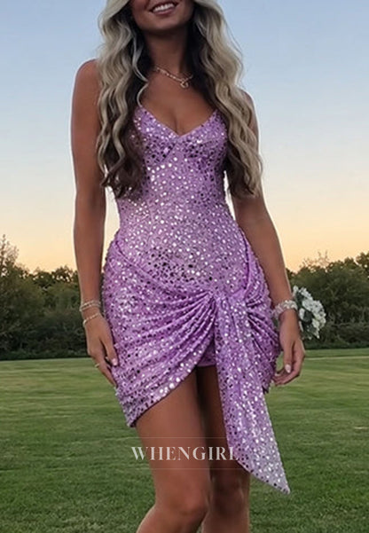 Sequin Drape Detail V-Neck Mini Dress