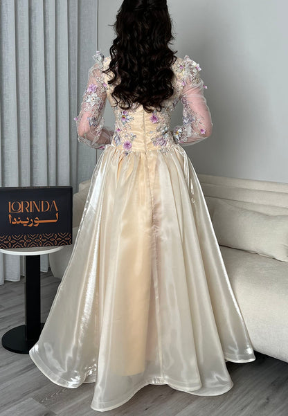 Floral Applique Long Sleeve Evening Gown