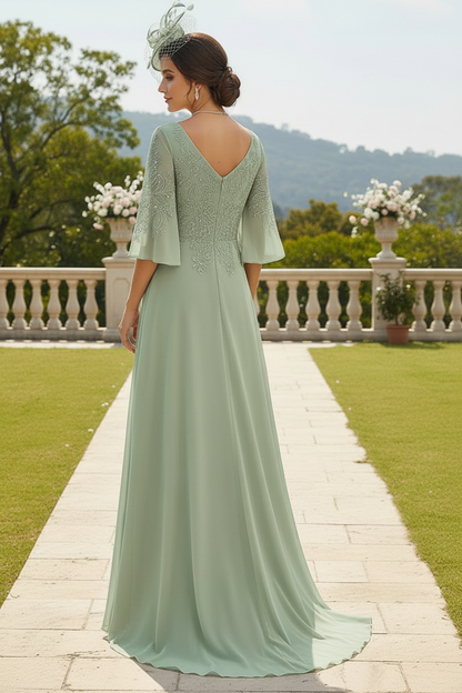 Embroidered V-Neck Flutter Sleeve A-Line Gown
