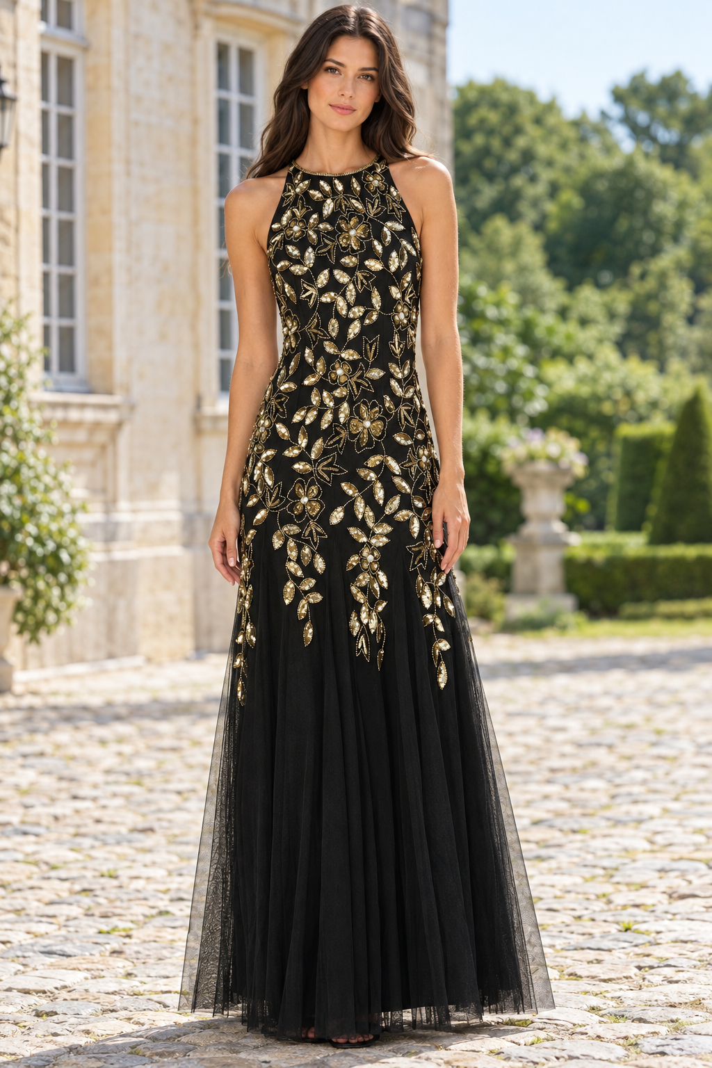 Embellished Halter Neck Tulle Maxi Gown