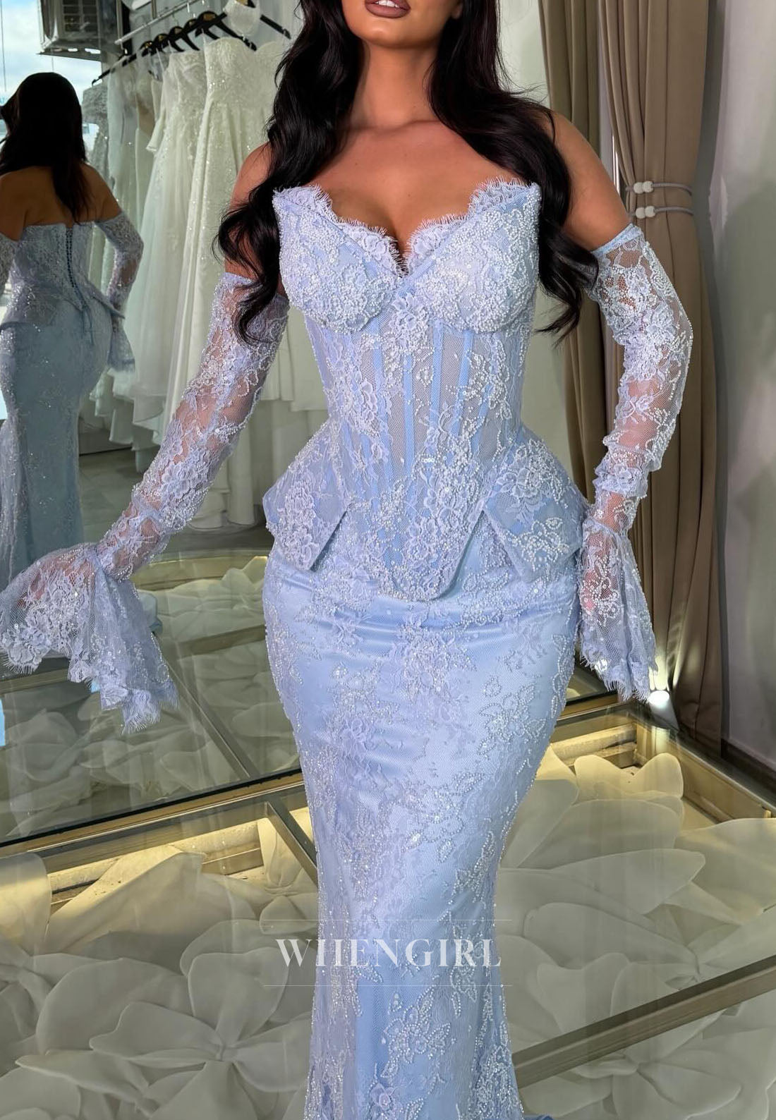 Off-the-Shoulder Lace Peplum Mermaid Evening Gown