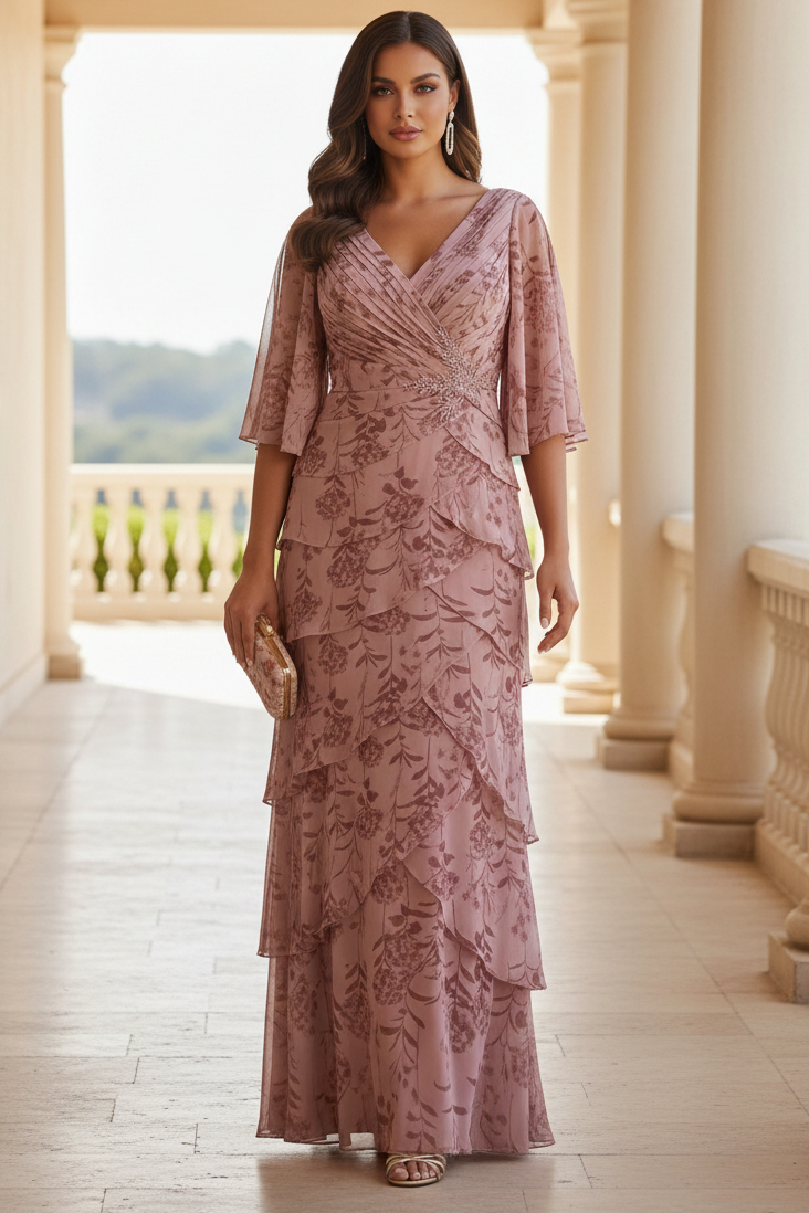 Floral Tiered Chiffon Evening Dress