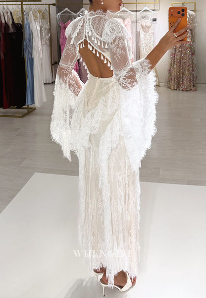 Lace Bell Sleeve Corset Gown with Tassels