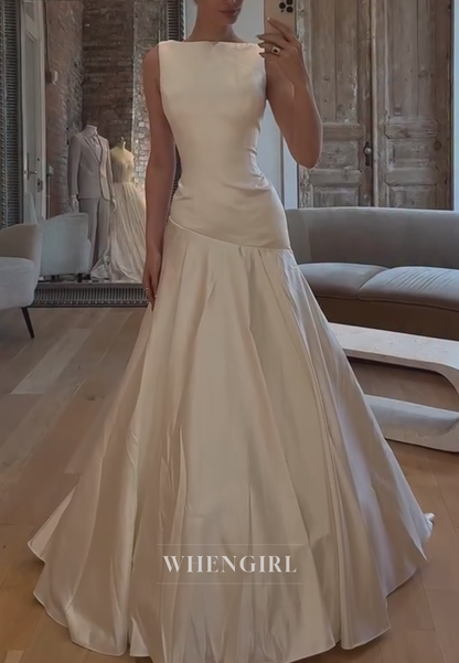 Bateau Neck Drop-Waist Satin Wedding Dress