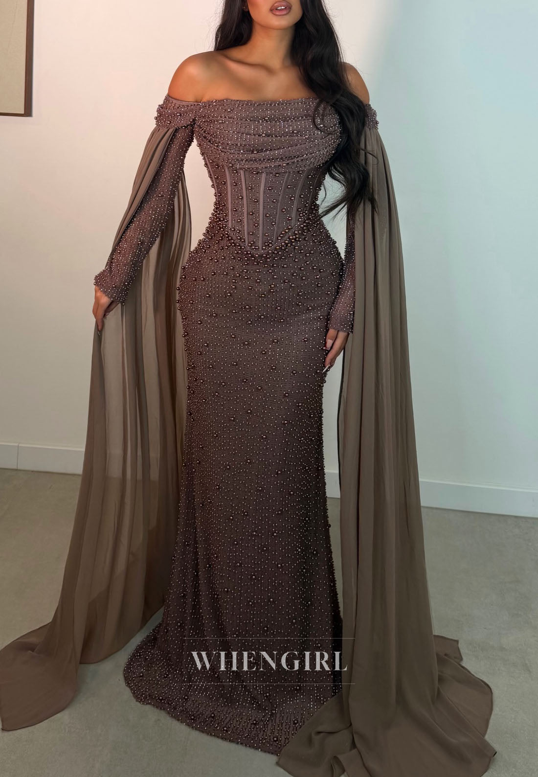 Pearl Beaded Off-the-Shoulder Corset Cape Gown