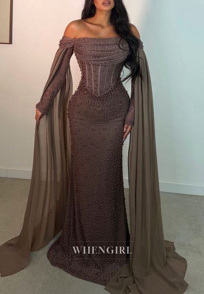 Pearl Beaded Off-the-Shoulder Corset Cape Gown