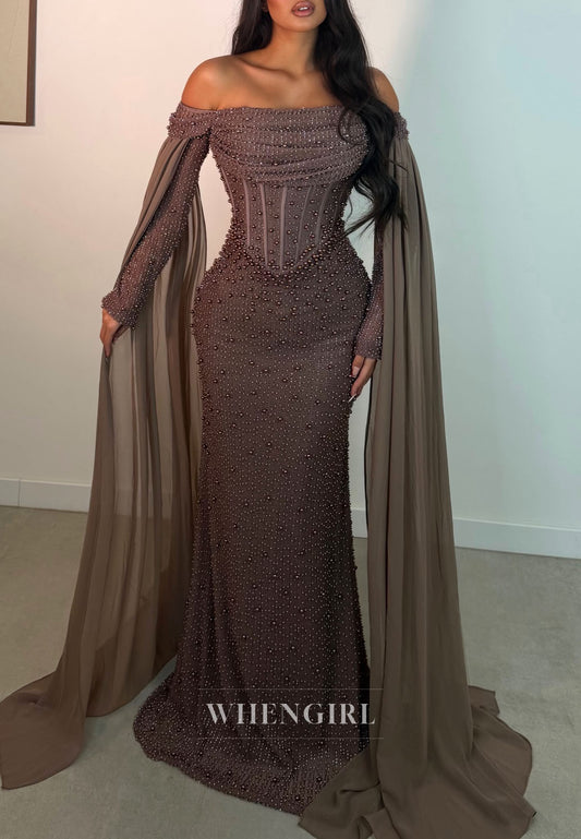 Pearl Beaded Off-the-Shoulder Corset Cape Gown