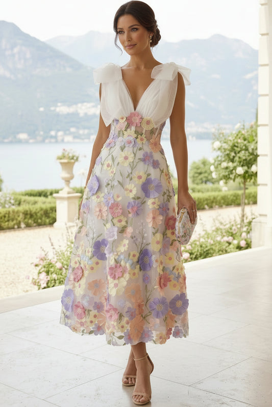 Romantic 3D Floral Tulle A-Line Midi Dress