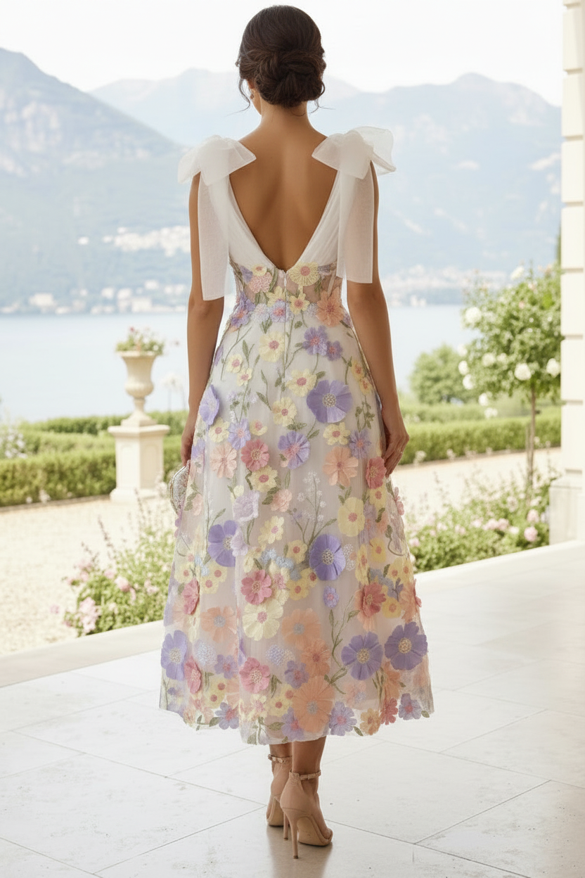 Romantic 3D Floral Tulle A-Line Midi Dress