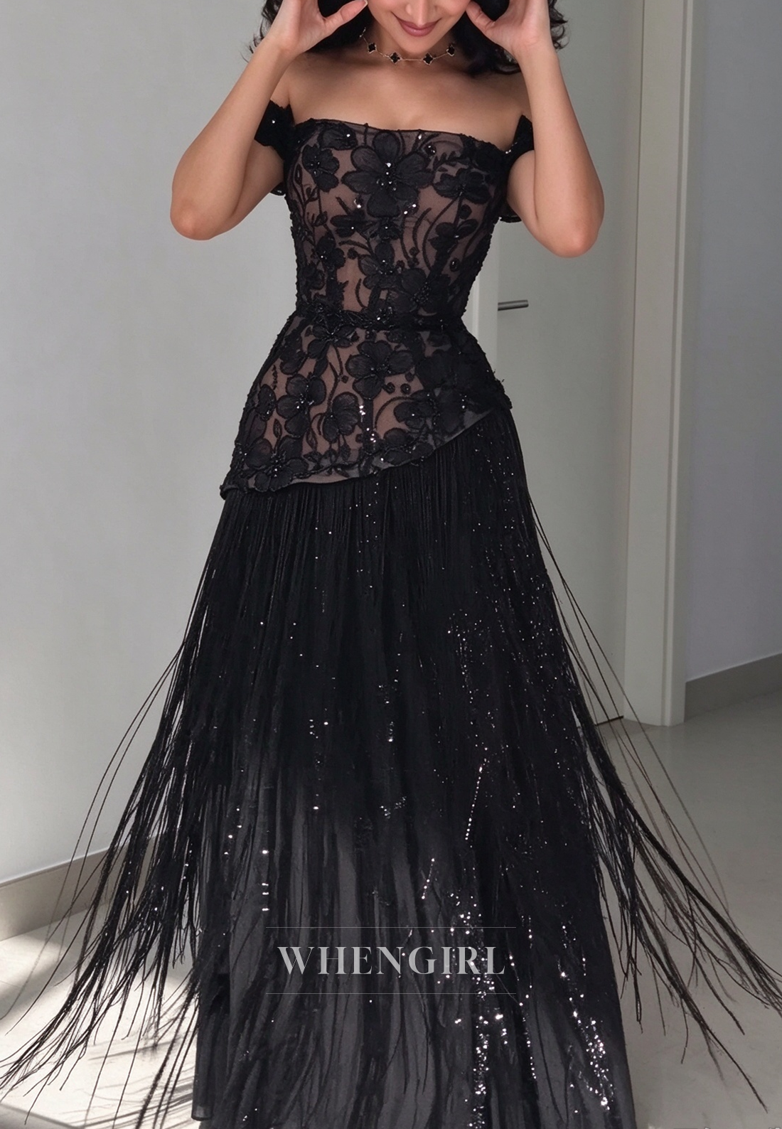 Corset Evening Gown with Beaded Fringe & Cape