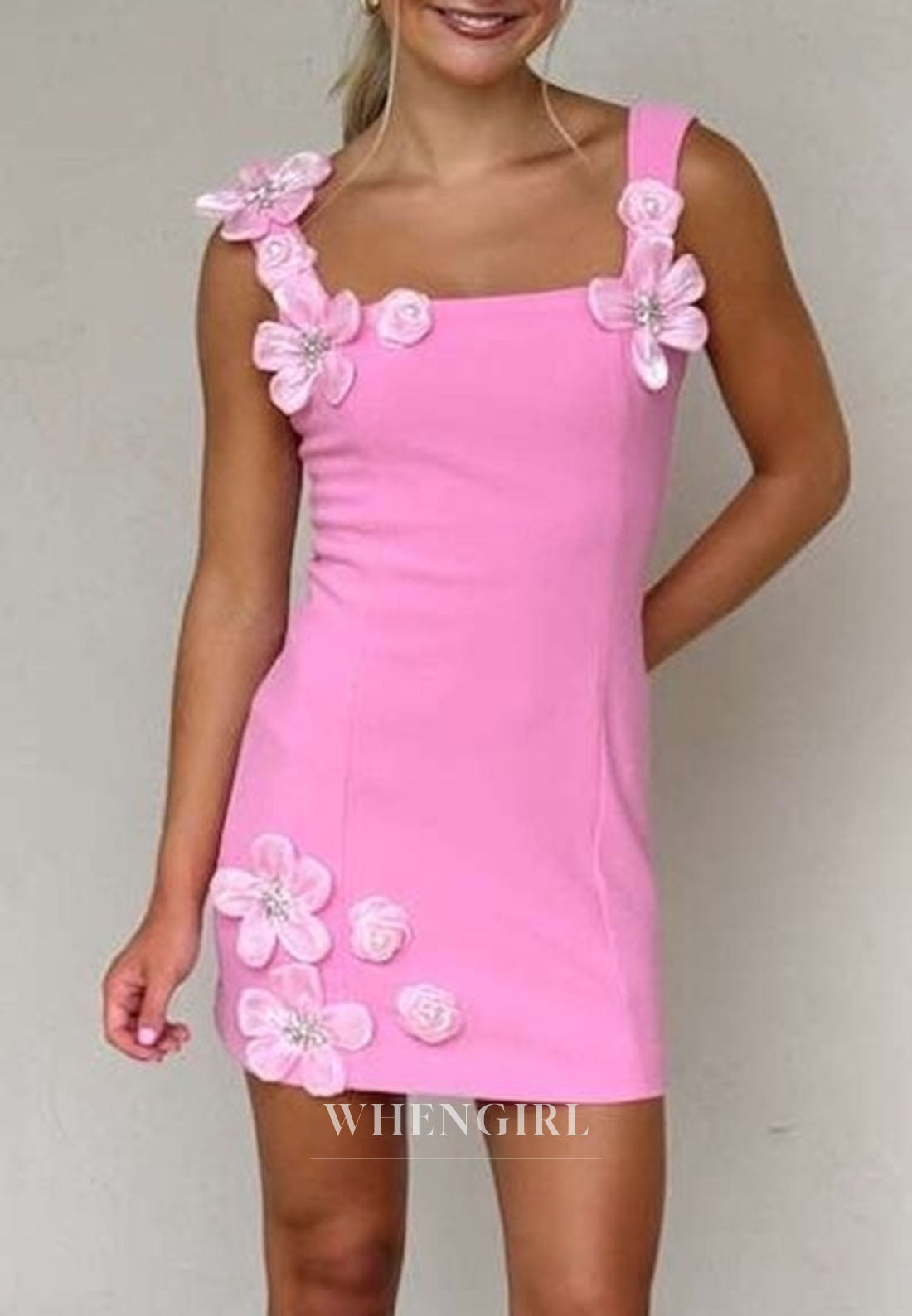 3D Floral Applique Square Neck Bodycon Mini Dress