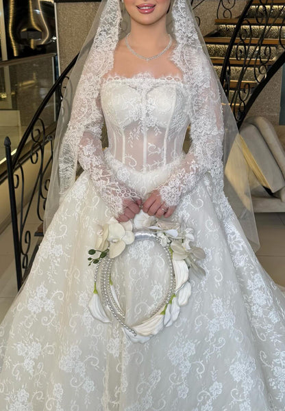 Lace Corset Ball Gown Wedding Dress with Sleeves