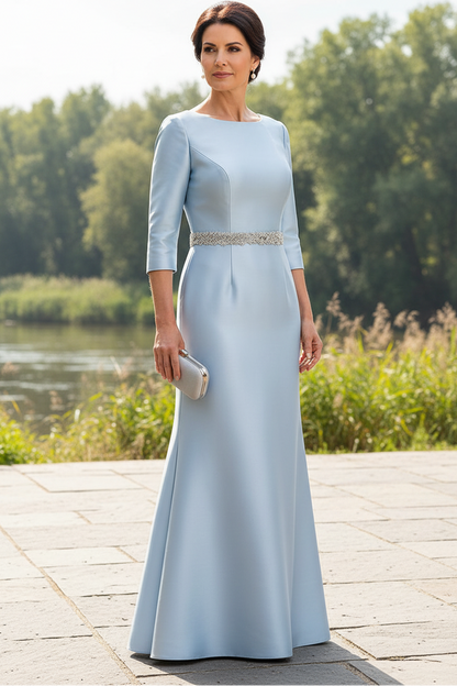 Bateau Neck Satin Trumpet Gown with Beaded Belt