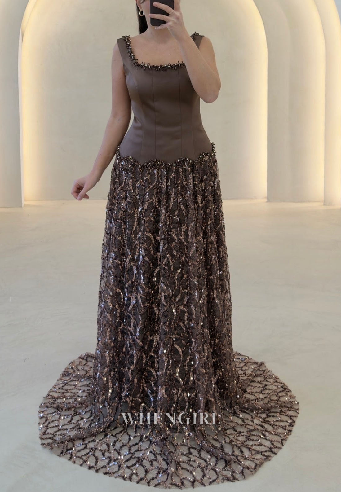 Square Neck Dropped Waist Sequin Evening Gown