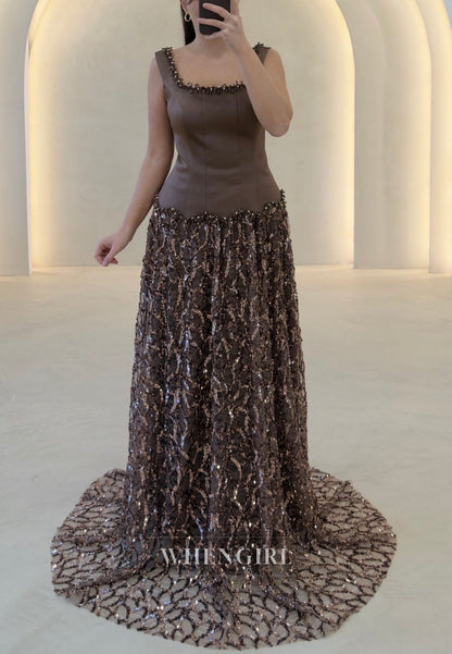 Square Neck Dropped Waist Sequin Evening Gown