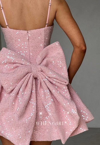 Square Neck Sparkly A-Line Mini Dress with Oversized Bow