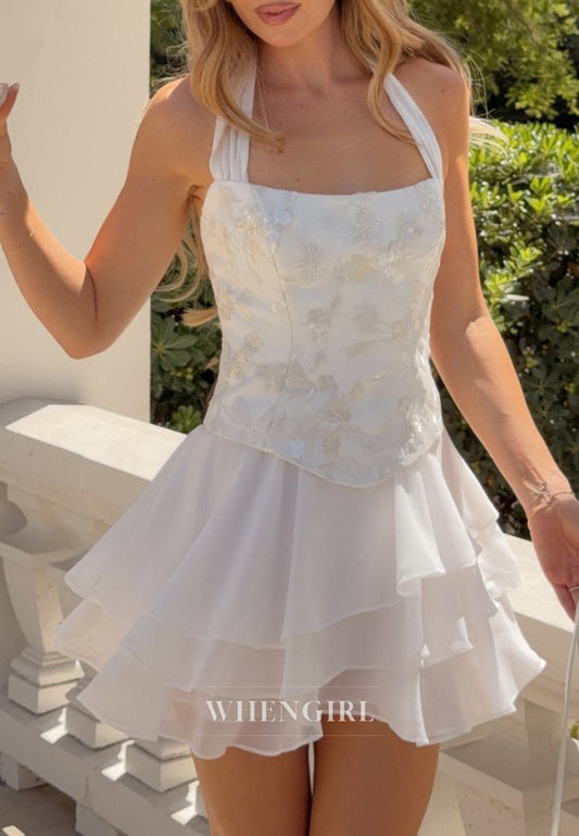 Embroidered Halter Top & Tiered Ruffle Mini Skirt Set