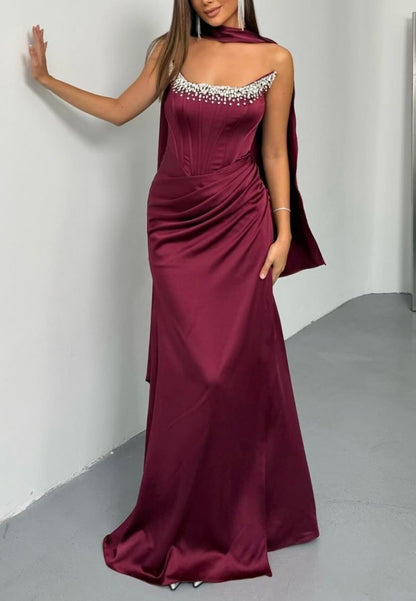 Corset Evening Gown with Beaded Neckline & Cape