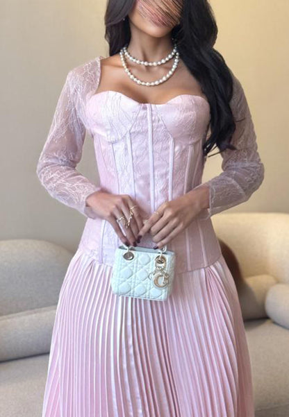 Corset Pleated Maxi Dress with Lace Long Sleeves