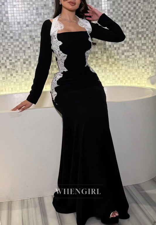Lace-Trimmed Long Sleeve Maxi Evening Dress