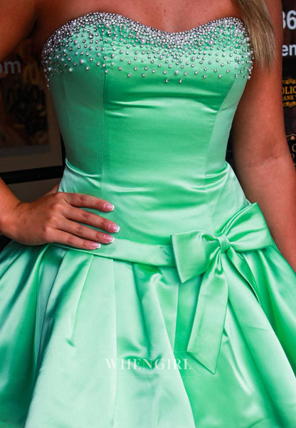 Strapless Beaded Satin Mini Dress with Waist Bow