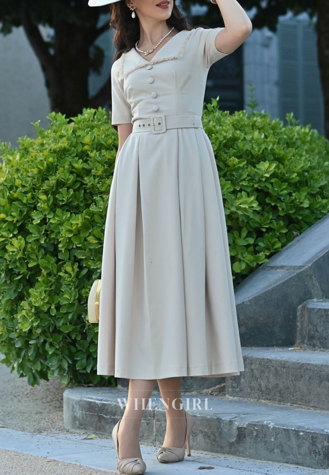 Collared Midi Dress with Pleated Skirt and Belt