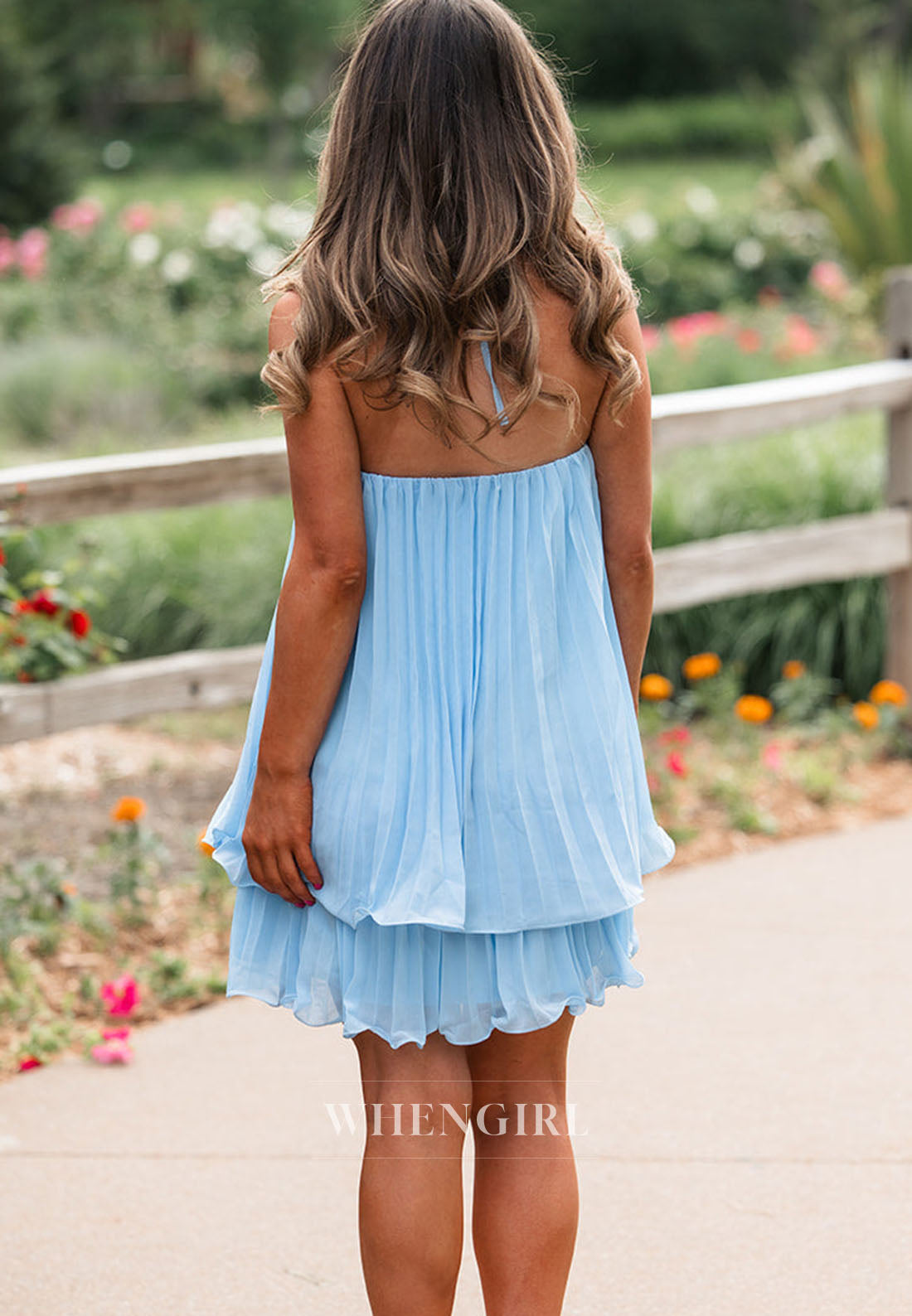 Pleated Halter Mini Dress with 3D Flower Neckline