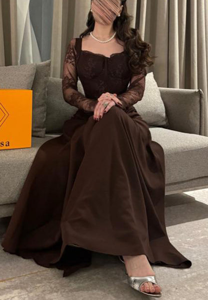 Lace Corset Long Sleeve A-Line Evening Gown