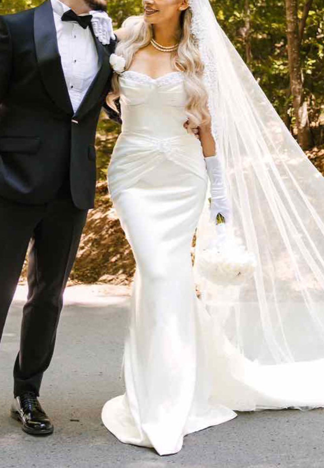 Strapless Ruched Mermaid Wedding Dress with Pearls