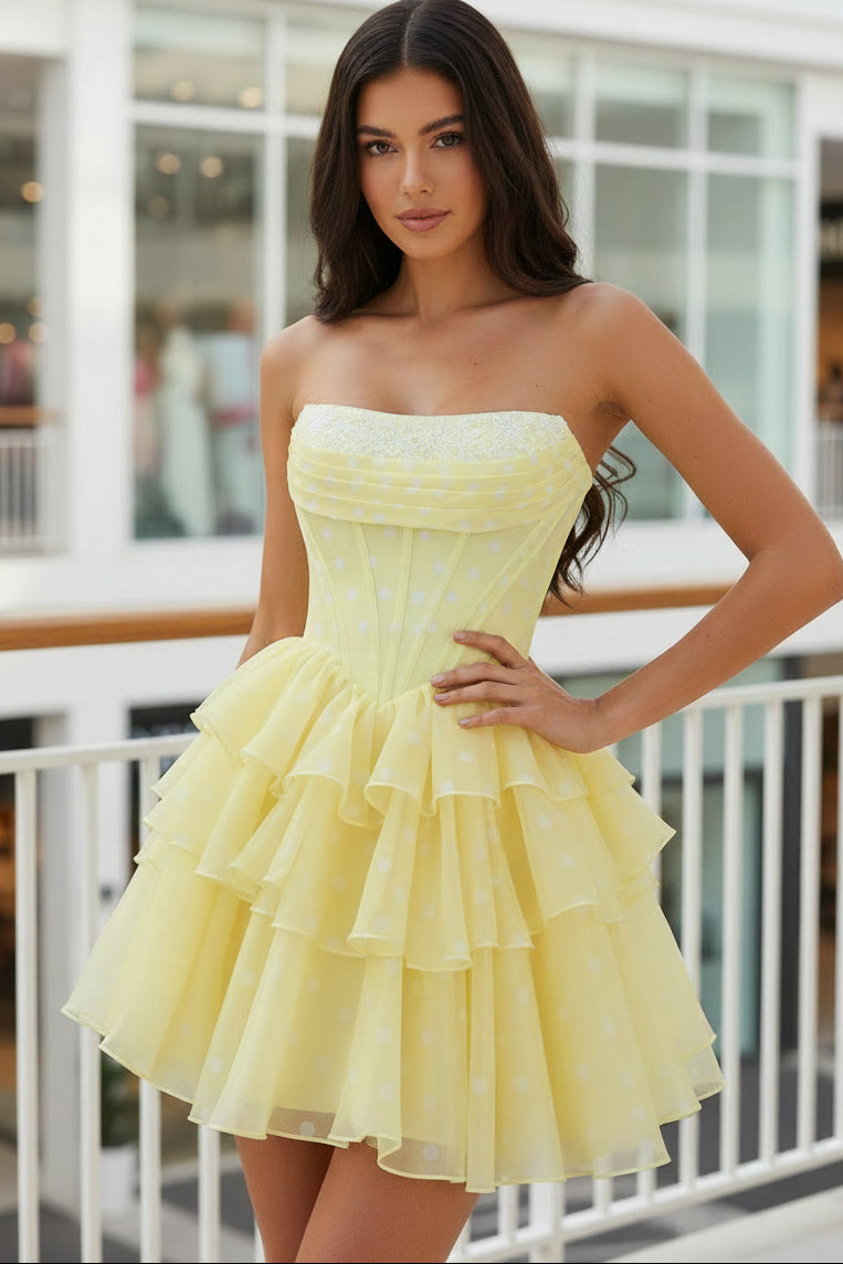 Strapless Polka Dot Tiered Corset Mini Dress