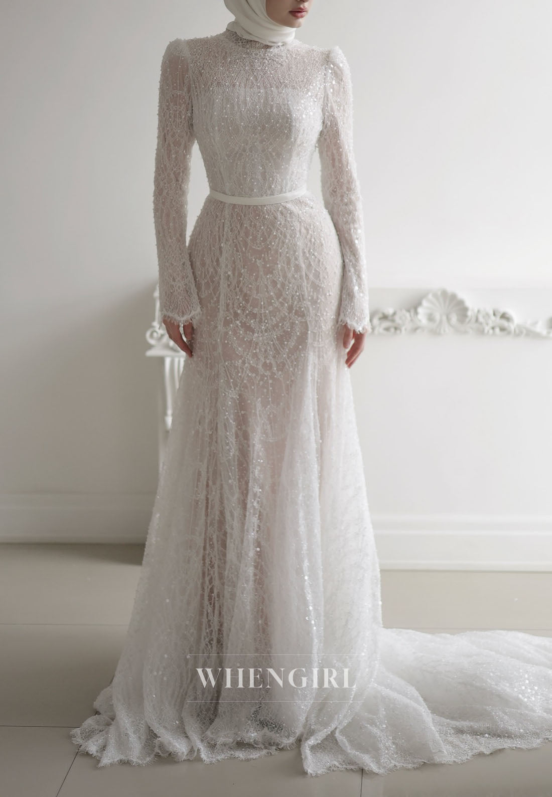 High Neck Sequin Lace Wedding Dress with Sleeves